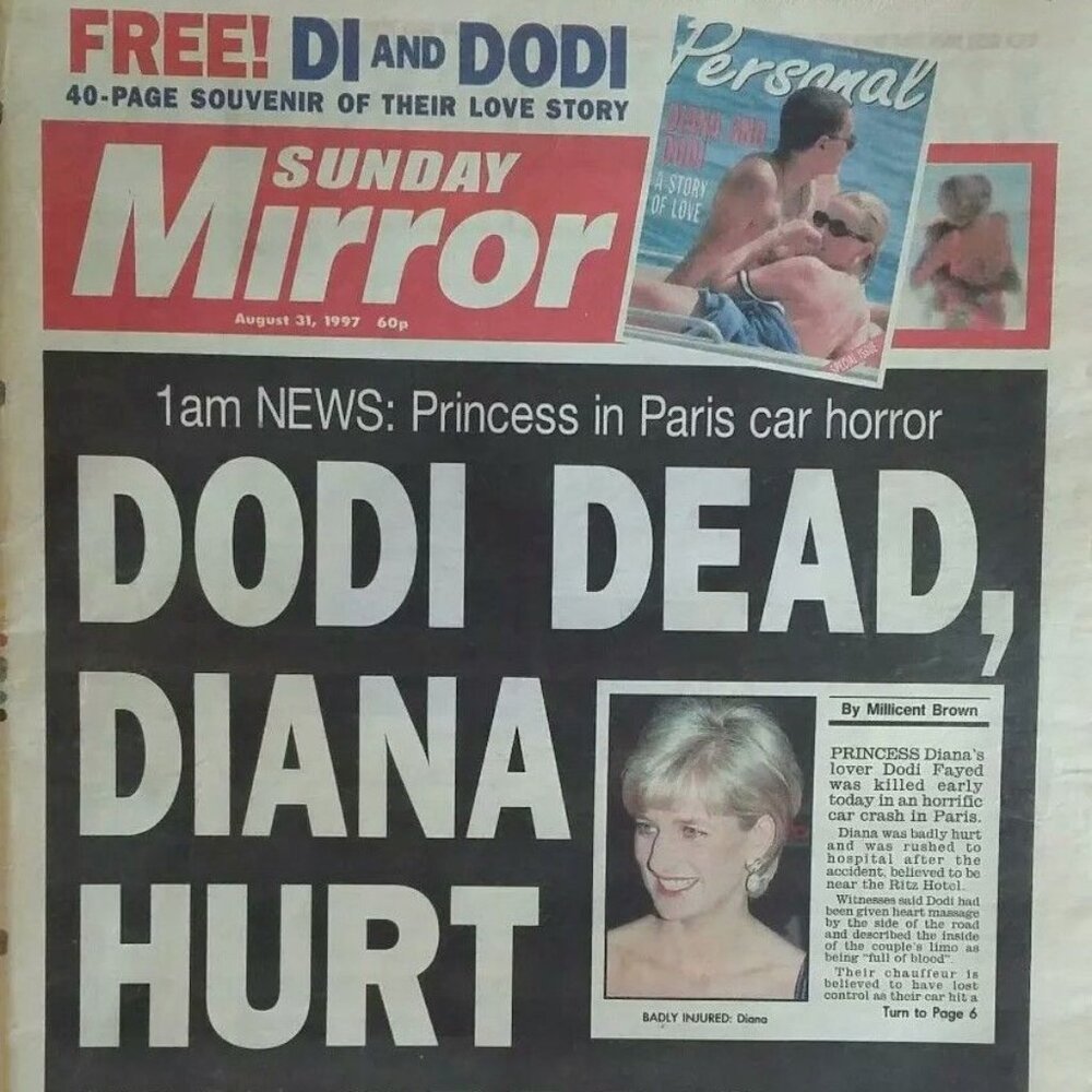 PRINCESS DIANA RARE 1AM Issue DODI DEAD, DIANA HURT SUNDAY MIRROR  Aug 31 1997